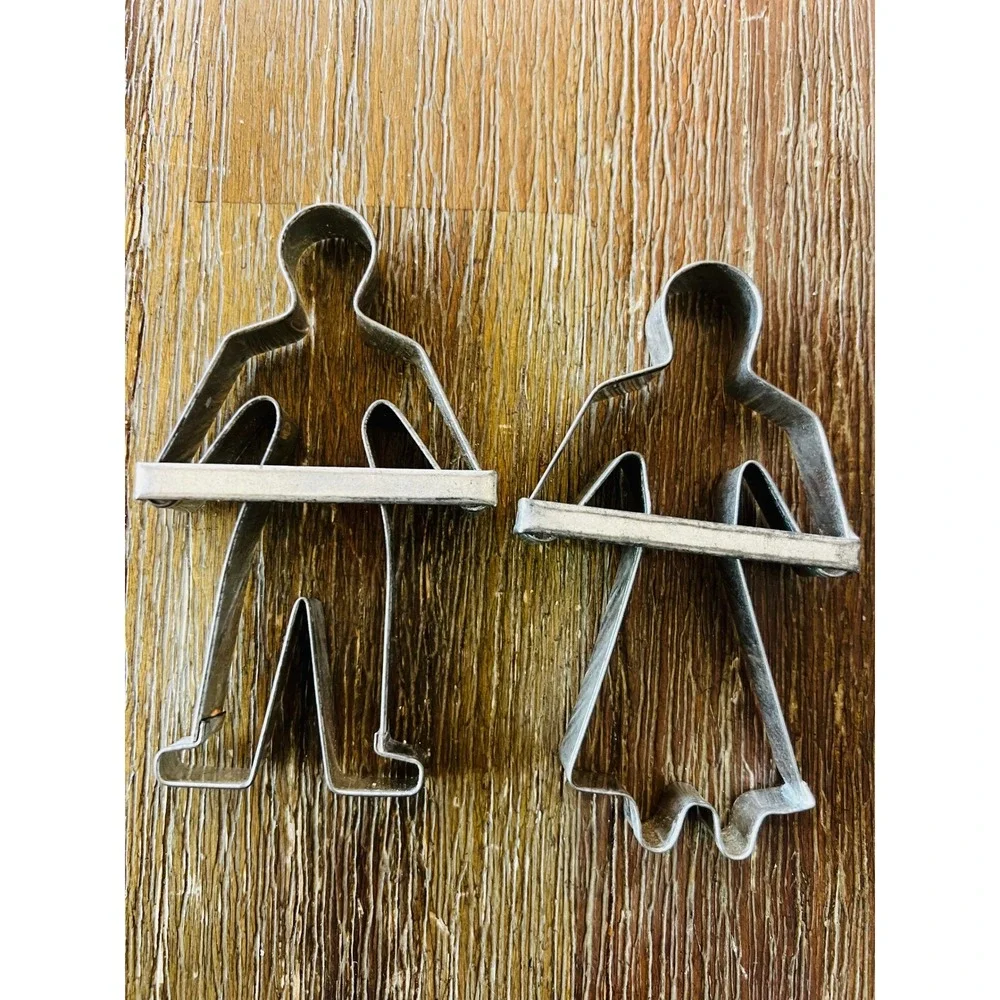 Vintage Metal Cookie Cutter Set Man and Woman with Handles Tin 2 Piece Set